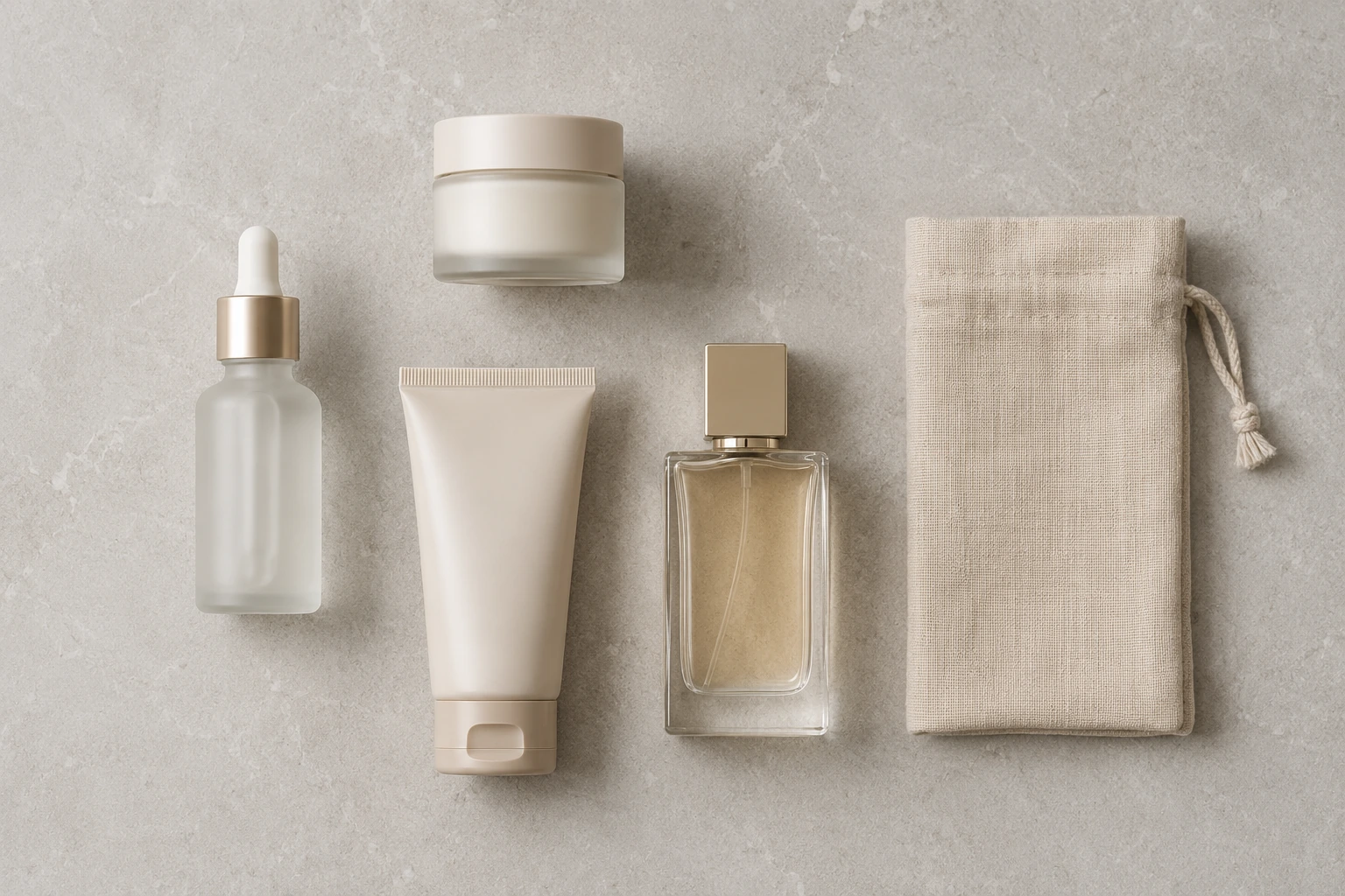 Multi-product skincare flatlay with a serum bottle, cream jar, squeeze tube, perfume bottle, and linen pouch.
